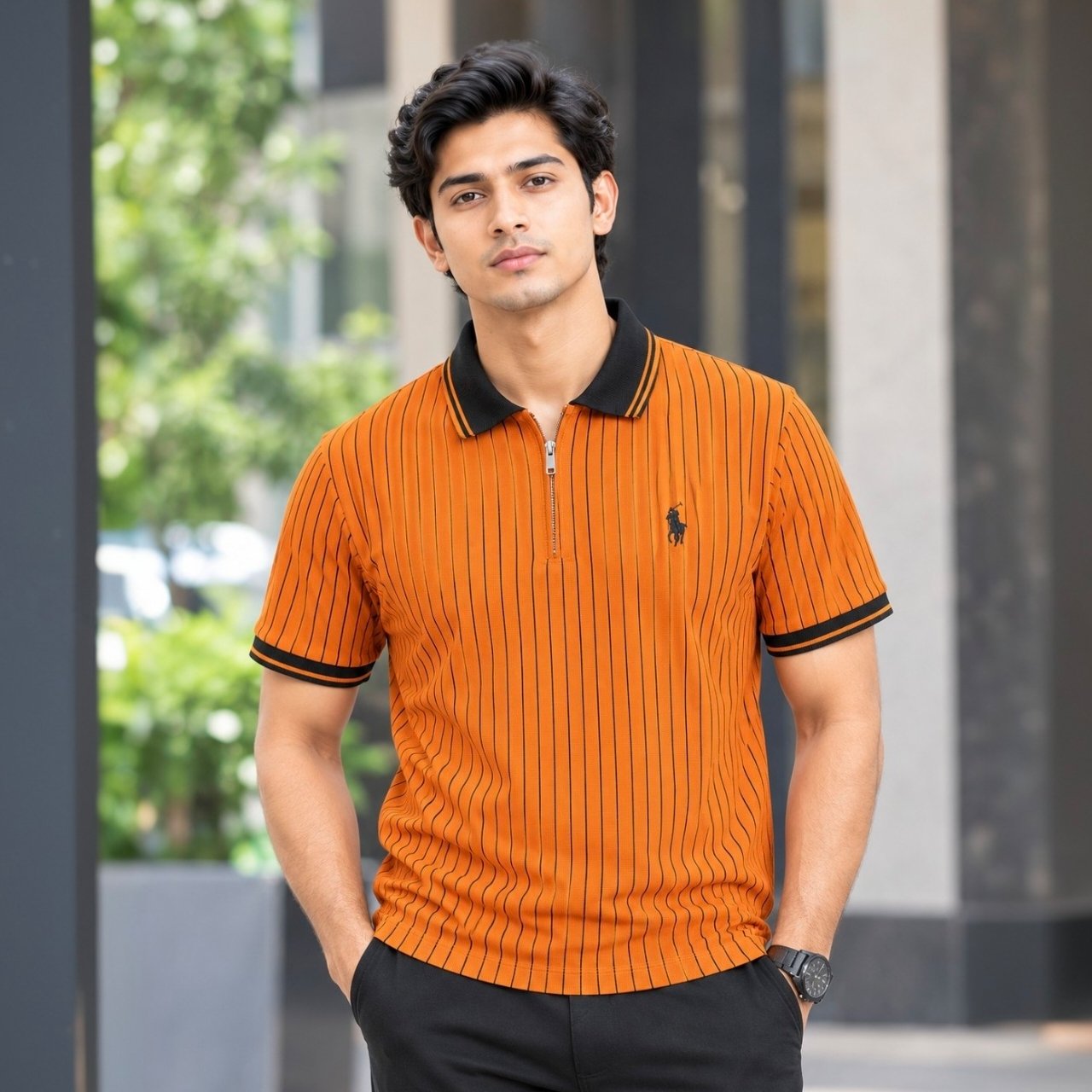 Vertical Stripe Half-Zip Polo T-Shirt