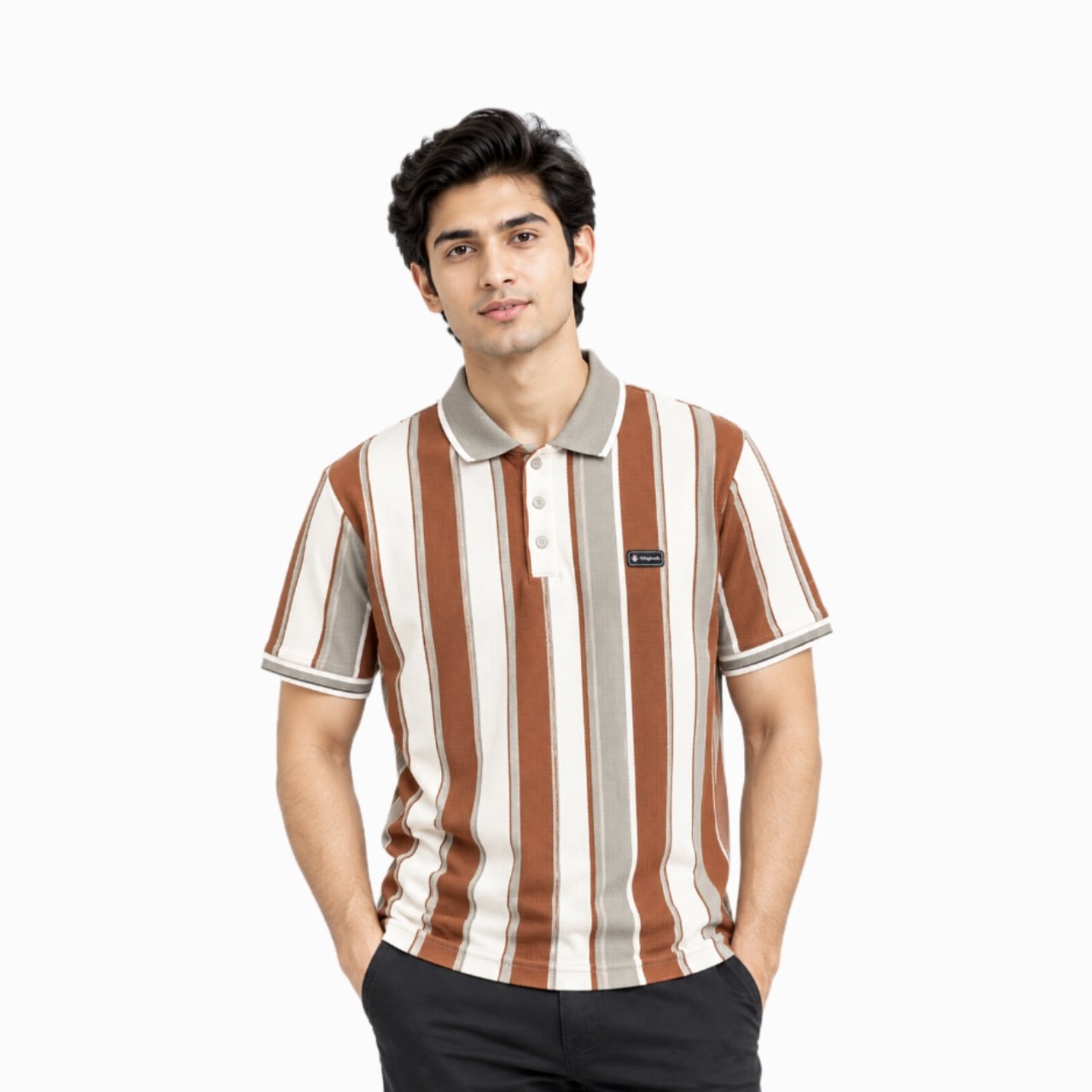 Rust Brown & Cream Vertical Stripe Polo T-Shirt
