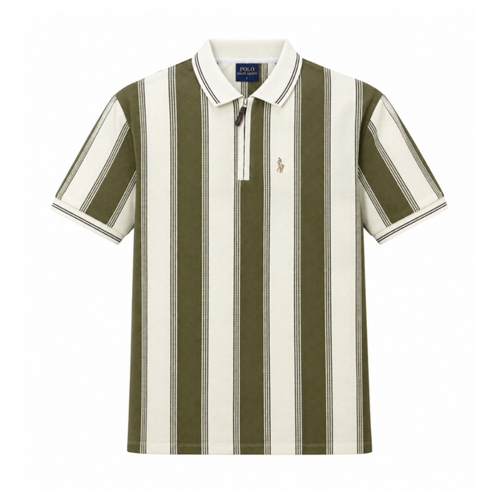 Olive Green & Cream Vertical Stripe Polo T-Shirt preview
