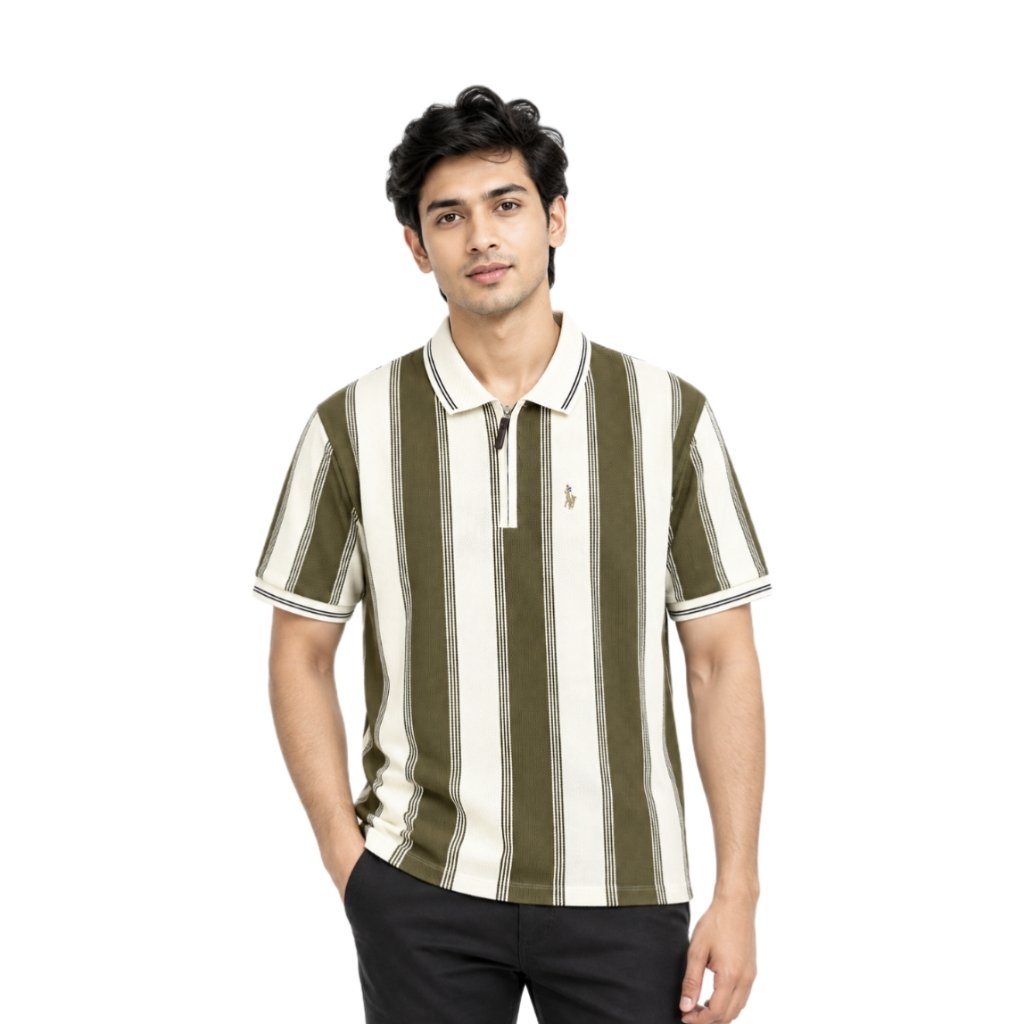 Olive Green & Cream Vertical Stripe Polo T-Shirt
